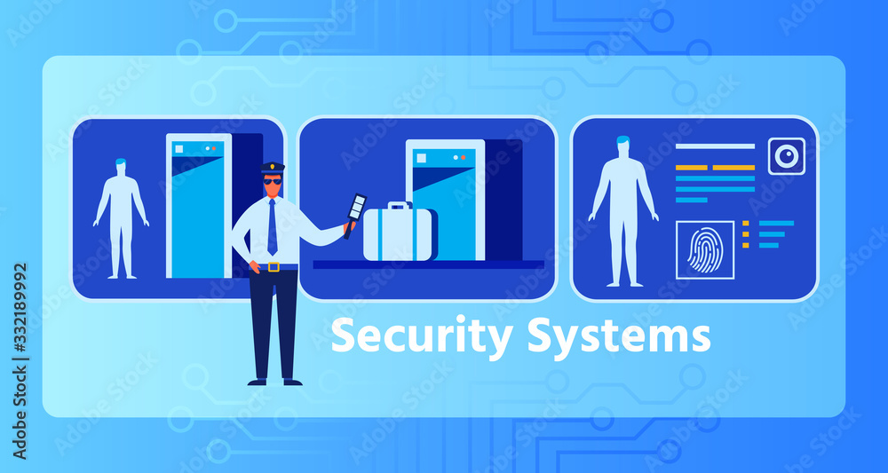 Fototapeta New Security System on Checkpoint Advertising Flat Banner. Cartoon Policeman Character, Rooms for Human, Baggage Control Inspection. Fingerprint Readout for Finding Personal Data. Vector Illustration