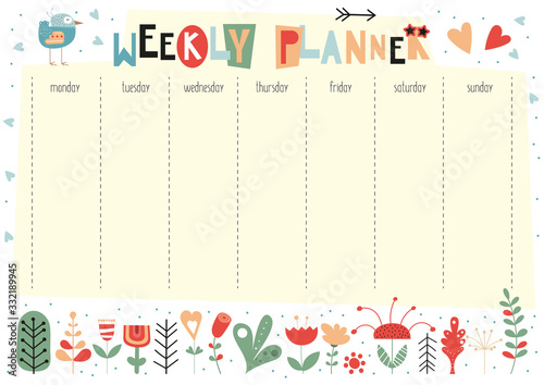 Weekly planner with scandinavian flowers and bird in doodle cartoon style. Kids schedule design template. Vector illustration.