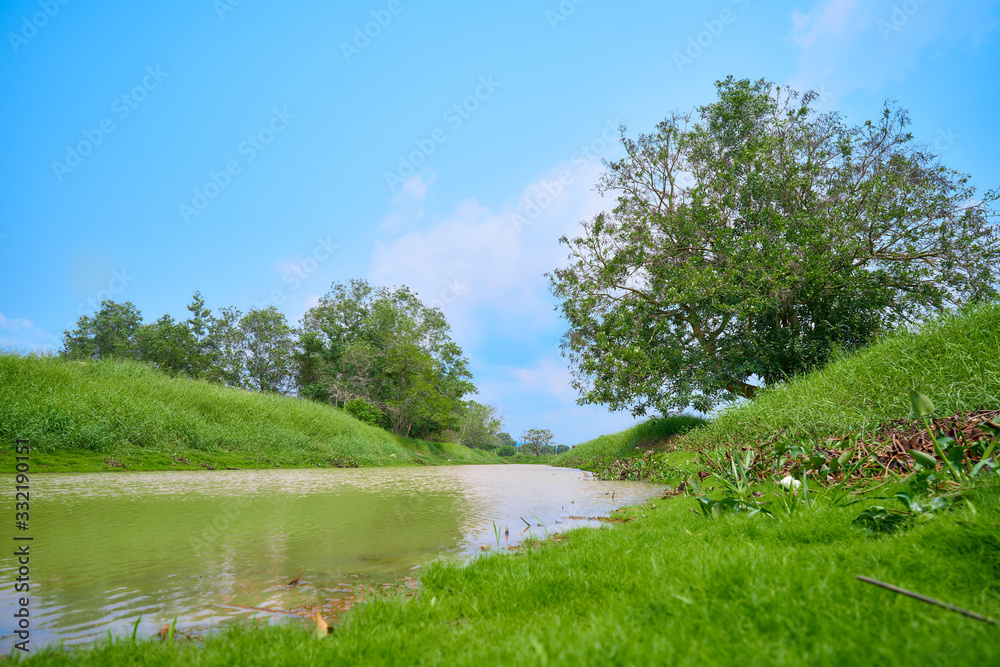 Fototapeta premium Natural river scenery with beautiful skies and grass and green trees