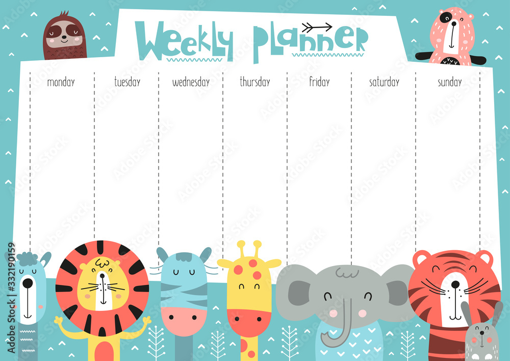 Vetor de Weekly planner with funny funny forest animals in doodle