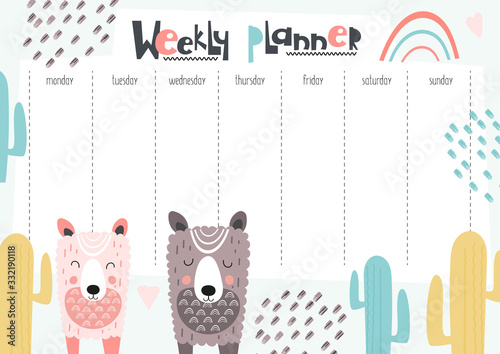 Weekly planner with funny llama and cactus in doodle cartoon style. Kids schedule design template. Vector illustration. photo