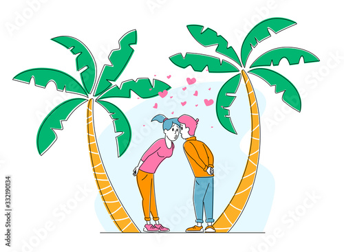 Young Sweet Couple Kissing on Tropical Nature Background with Palm Trees and Hearts around. Pair in Love, Man and Woman Valentines Day on Exotic Resort. Romantic Relation. Linear Vector Illustration