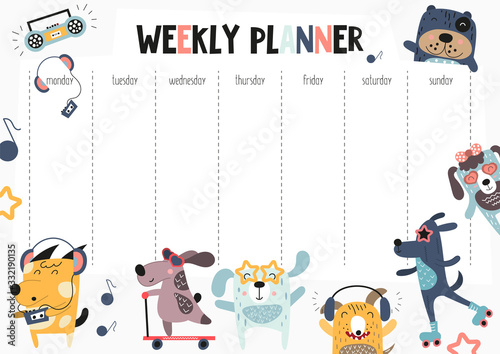 Weekly planner with funny dogs in doodle cartoon style. Kids schedule design template. Vector illustration.