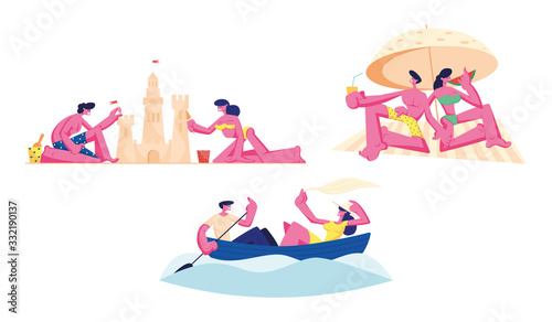 Set of Couple Man and Woman Floating Boat, Building Sand Castle, Relaxing on Beach with Cocktails. Male and Female Characters Summertime Vacation Loving People Sparetime. Cartoon Vector Illustration
