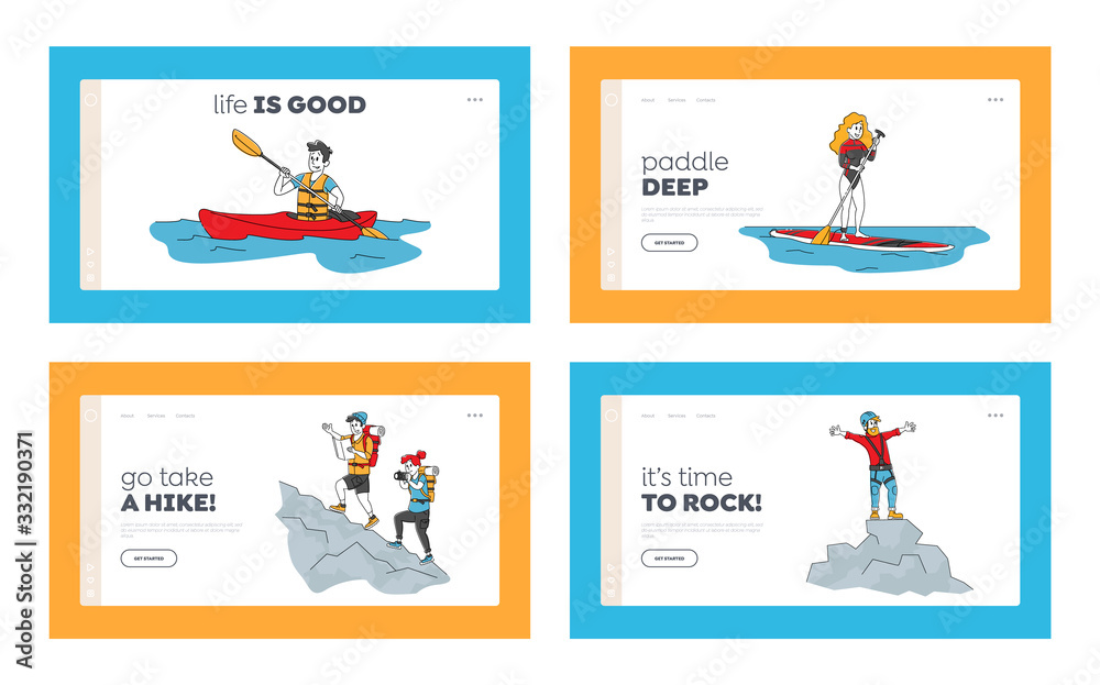 Active People Outdoors Fun Landing Page Template Tourism Set. Characters Climb in Mountains. Kayaking, Sup Board Water Sport Recreation. Outdoor Alpinism or Hiking Activity. Linear Vector Illustration
