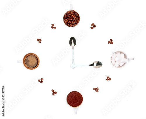 clock made of coffee cups and ingredients 