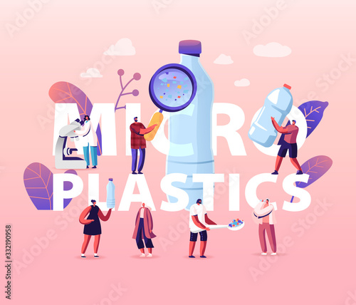 Microplastic in Water and Food Concept. Global Ocean Pollution. Problem. Tiny People Characters with Huge Microscope and Magnifying Glass, Ecological Poster Banner Flyer. Cartoon Vector Illustration