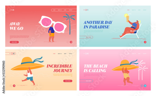 Happy People Relax on Exotic Seaside Resort Landing Page Template Set. Male and Female Tiny Characters with Tropical Hat, Sunglasses and Cocktail, Summer Time Vacation. Cartoon Vector Illustration