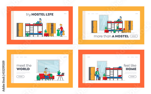 Hostel Accommodation, Hospitality Service Landing Page Template Set. Diverse People Stay at Night in Room for Relaxation. Male and Female Characters Live in Cheap Motel. Linear Vector Illustration