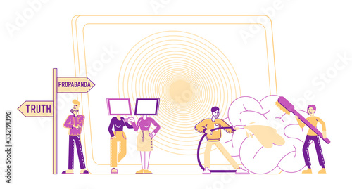 Propaganda and Brainwashing of Influential Mass Media Concept. Male and Female Characters with Tv Set Head Stand at Road Pointer on Hypnotic Spiral Background. Linear People Vector Illustration