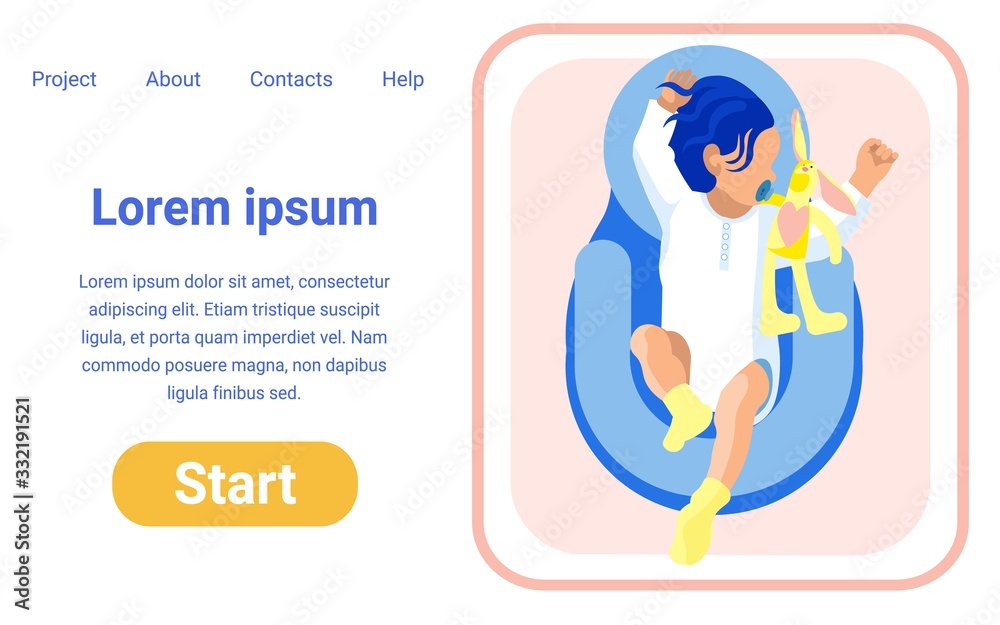 Baby Girl or Boy, Wearing Body Shirt, Sleeping Soundly in Cradle with Pacifier and Rabbit Toy. Starting Page Design Template. Project with Web Site. Vector Illustration with Copy Space for Your Text.