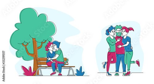 Set of Kissing People. Couple Flirting on Bench in Summer City Park. Young Girls Kiss Gigolo Man. Male Female Characters Spend Time Together, Fall in Love, Dating Sparetime. Linear Vector Illustration