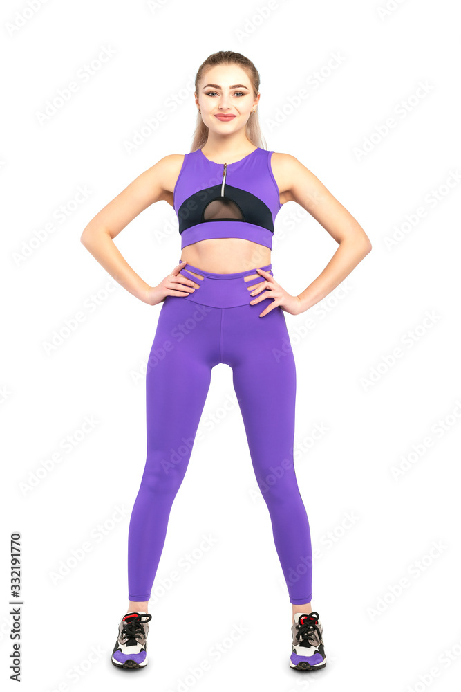 Sporty slim fitness woman. Healthy woman body curve with sport wear on white background. Sporty slim fitness woman. Healthy woman body curve with sport wear on white background.