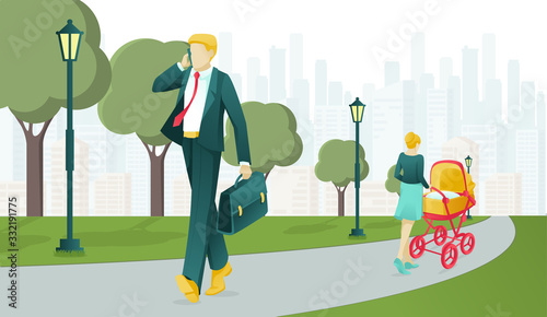 Cartoon People Characters Daily Routine. Businessman in Suit and with Briefcase Walking in Park and Talking Phone, Having Business Call. Young Mother Strolling Baby. Vector Flat Illustration