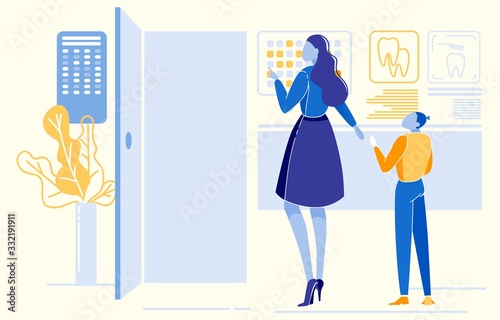 Mother and Son in Stomatology Cabinet Waiting for Teeth Checkup, Oral Cavity Sanitation. Dentist Clinic Interior with Educational Hygiene Posters and Patients. Flat Cartoon Vector Illustration.