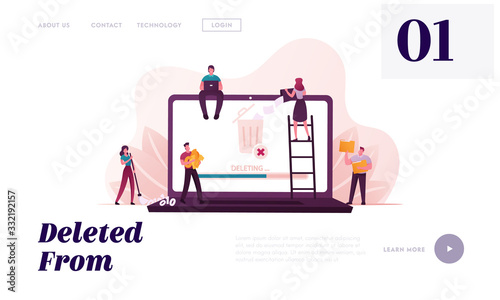 Tiny People Deleting Information Landing Page Template. Characters around of Huge Laptop Throw Documents and Files into Litter Bin, Sweeping Binary Code and Destroy Docs. Cartoon Vector Illustration