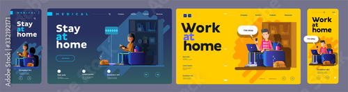 A vector flat illustration of a young man and a young woman working at home during Covid-19. Everyone stays at home. Remote work from home during quarantine. Website template