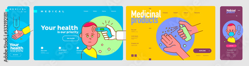COVID-19. Flat vector illustration about coronavirus and thematic icons, in the form of a template of the site page and mobile screen. 