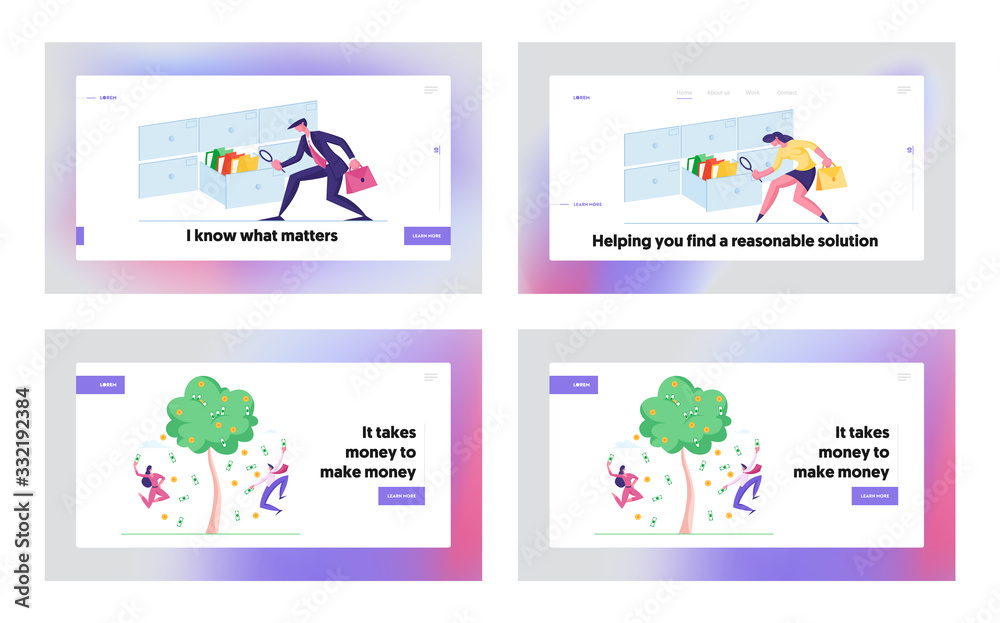 Finance Freedom, Archive Documents Storage Landing Page Template Set. Business People Collecting Harvest from Money Tree, Growing Wealth. Characters Searching Documents. Cartoon Vector Illustration