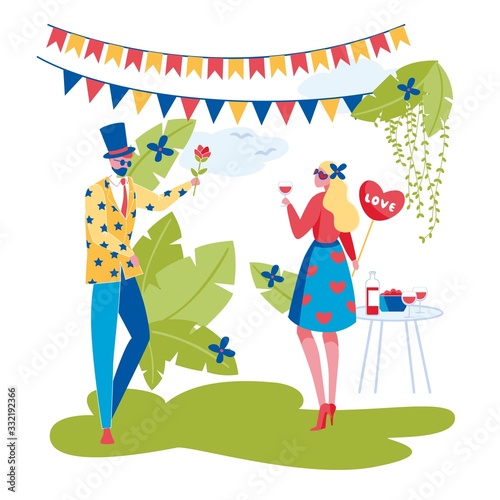Two Friends of Man with Beard in Cylindrical Hat and Glasses and Woman in Dress Fun in Party. Male Character Giving Flower to Female Holding Glass with Wine. Modern Flat Vector Illustration