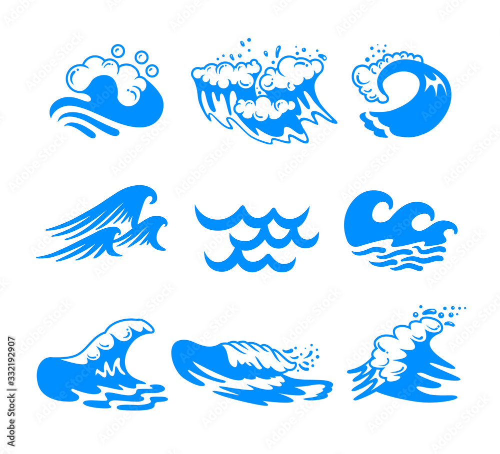 Fototapeta premium Set of Blue Water Sea or Ocean Waves and Splashing of Different Shapes Isolated on White Background. Minimalistic Icons, Labels or Signs for Advertising Promo Banner. Vector Illustration, Clip Art