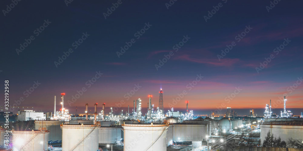 Panorama view of petrochemical oil and gas refinery and pipeline industry with twilight sky background, Thailand