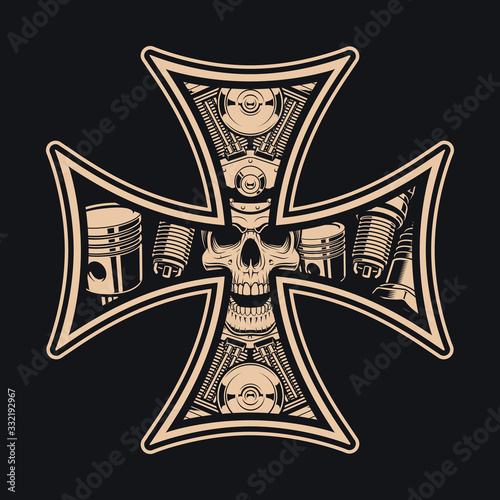 Black and white biker’s cross, isolated on the dark background. photo