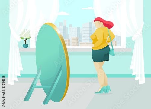 Cartoon Likable Clubby Woman Character Look in Mirror. Self Confidence, Acceptance, Love. Body Positive. Plus Size Girl Satisfied with Appearance. Flat Home Living Room Interior. Vector Illustration