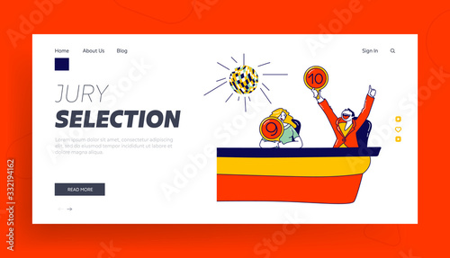 Contest Jury with Competition Rating Landing Page Template. Judges Characters with Score Panels Vote for Talent Show, Television Performance Competitors, Estimation. Linear People Vector Illustration