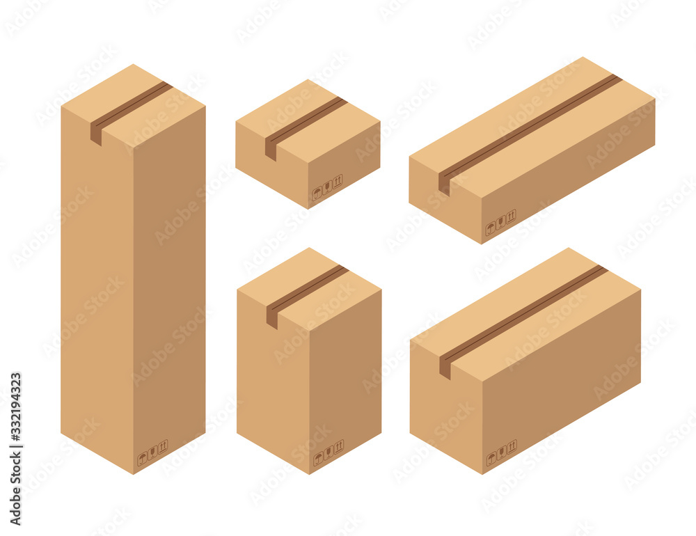Fototapeta premium Isometric set of closed boxes. Brown cardboard box top view. Vector illustration isolated on white background.