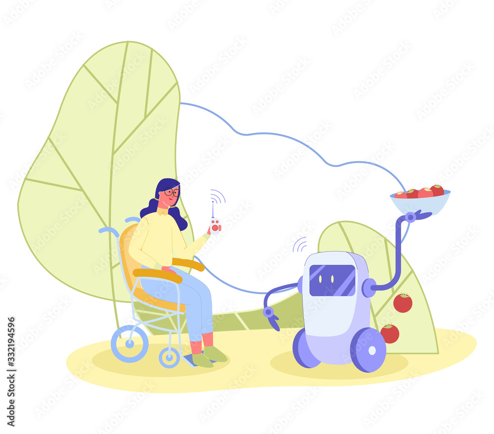 Remotely Operated Robot, Bringing Red Ripe Fruits to Woman in Wheel Chair with Handset. Conceptual Presentation, Showing Robots as Smart and Safe, Indispensable House Helper for Disabled People.