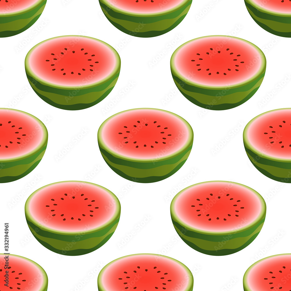 Vector watermelon seamless pattern. Half watermelon on white background. Colorful vector illustration gradient fill in flat style. Vector watermelon seamless pattern. Half watermelon on white background. Colorful vector illustration gradient fill in flat style.