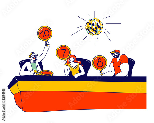 Group of Professional Competition Jury Characters Hold Tablets with Estimates Voting for Competitor on Talent Show Performance or Tv Program. Judges Committee Work. Linear People Vector Illustration