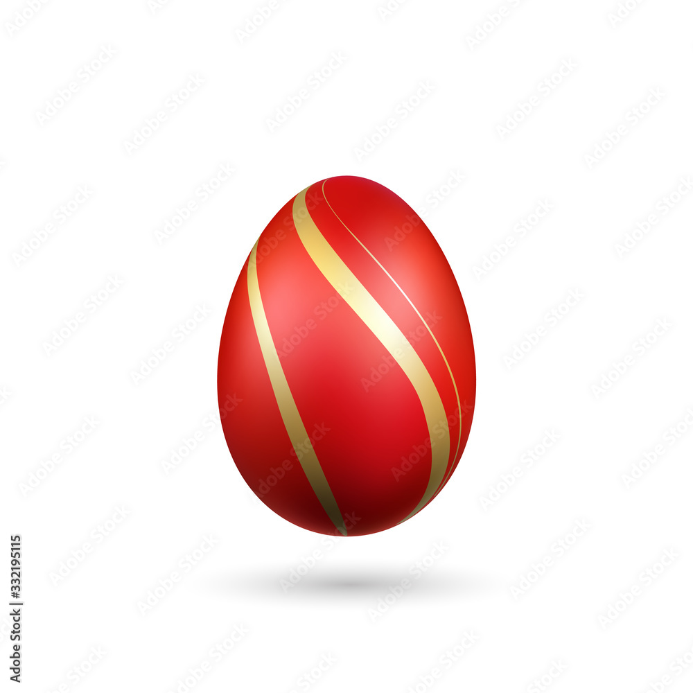 Easter egg 3D icon. Gold red egg, isolated white background. Bright realistic design, decoration for Happy Easter celebration. Holiday element. Shiny pattern. Spring symbol. Vector illustration