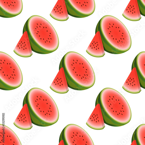 Vector watermelon seamless pattern. Composition half watermelon and triangular slice watermelon on white background. Colorful vector illustration gradient fill in flat style.