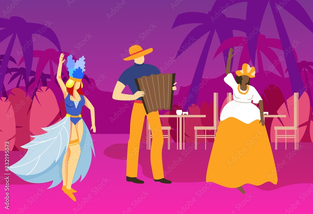 Musician Playing Accordion. White and Black Women Dance. People Celebrate Days Brazilian Carnival. Traditional Country Cult. People Have Fun. Vector Illustration. Advertising Image with Text. Musician Playing Accordion. White and Black Women Dance. People Celebrate Days Brazilian Carnival. Traditional Country Cult. People Have Fun. Vector Illustration. Advertising Image with Text.
