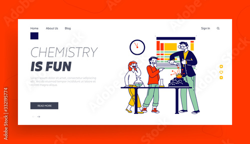 School Children Characters in Lab Landing Page Template. Teacher Conduct Scientific Experiment with Chemicals in Chemistry Laboratory. Educational Science for Kids. Linear People Vector Illustration