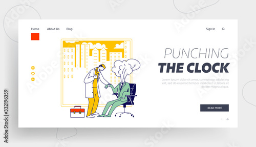 Professional, Emotional Burnout Landing Page Template. Doctor Character Measure Heartbeat at Businessperson with Steaming Head. Exhausted Frustrated Worker Need Help. Linear People Vector Illustration