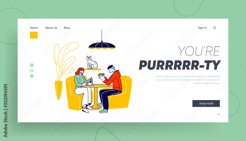 Young People Visiting Cat Cafe, Hospitality Landing Page Template. Characters Sit at Tables Drinking Beverage, Communicate in Modern Restaurant Interior with Pets Kittens. Linear Vector Illustration