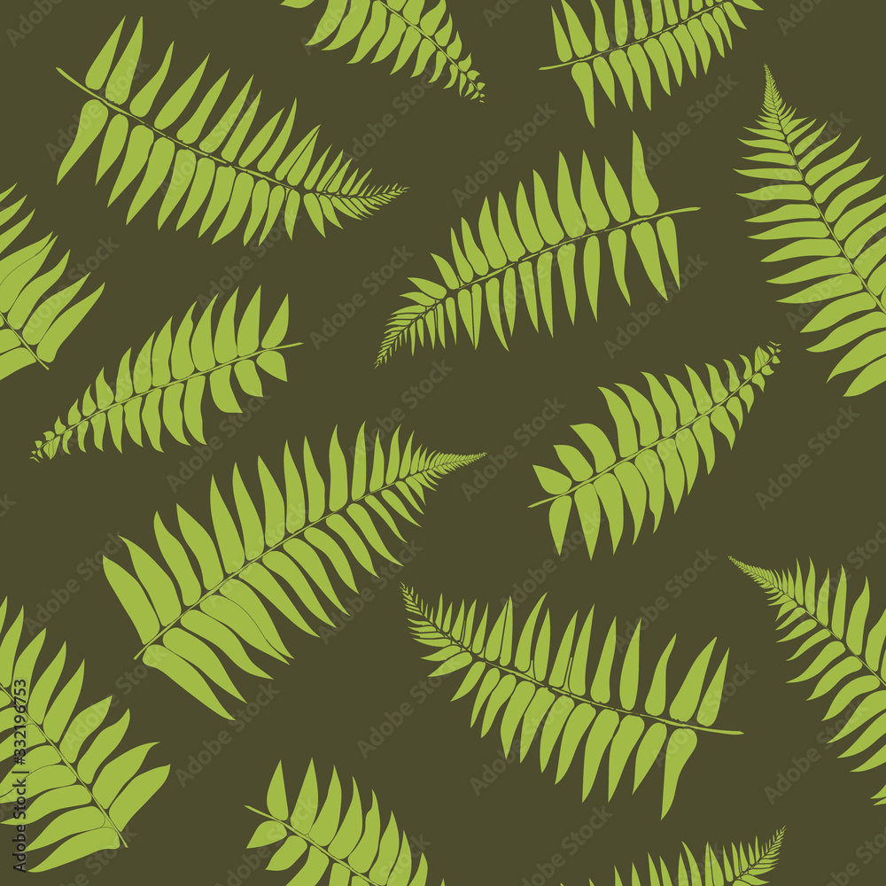 seamless repeating pattern of fern leafs on dark green background