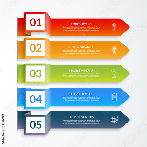 Vector template for business infographics of 5 colored paper arrows with place for numers, text and icons.