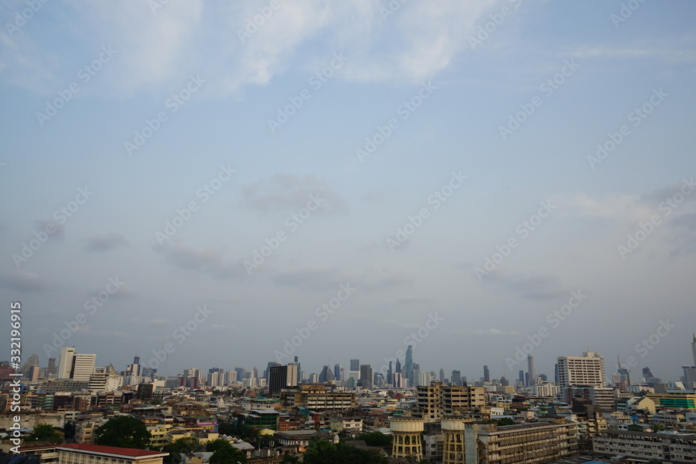 aerial view of city in Bangkok Thailand or view top of Wat Saket Temple