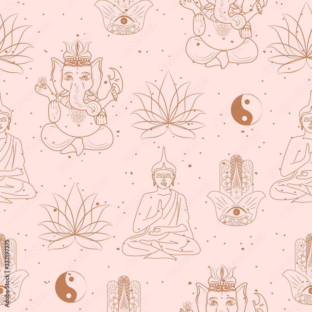 Seamless pattern with buddhism and hinduism, yoga objects, buddha, ganesha, mandala, lotus in one line style. Editable vector illustration.