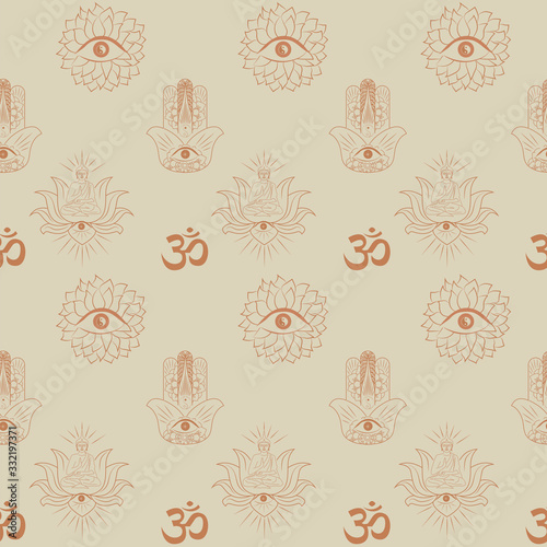 Seamless pattern with buddhism and hinduism, yoga objects, buddha, mandala, hamsa, lotus in one line style. Editable vector illustration.