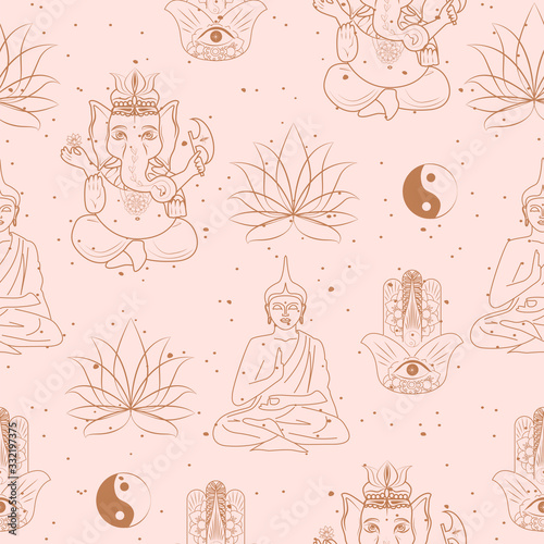 Seamless pattern with buddhism and hinduism, yoga objects, buddha, ganesha, mandala, lotus in one line style. Editable vector illustration.
