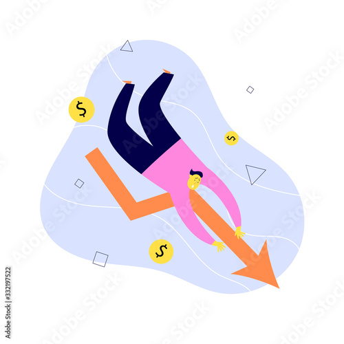 Vector illustration of man falling down with financial indicator. Investment failure, business collapse, financial crisis, bankrupcy concept.