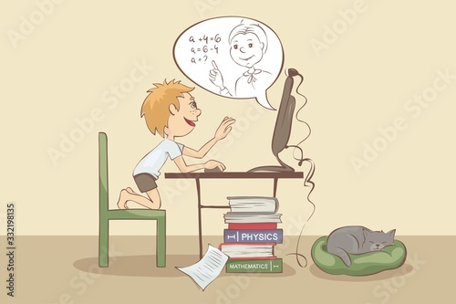 Distance learning. A boy with a teacher is studying math online, funny vector illustration	