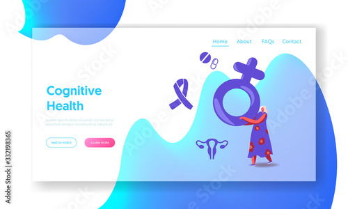 Estrogen and Estradiol Hormones Concept Landing Page Template. Tiny Female Character Holding Huge Venus Symbol. Reproductive System Health Care and Woman Control Fertility. Cartoon Vector Illustration