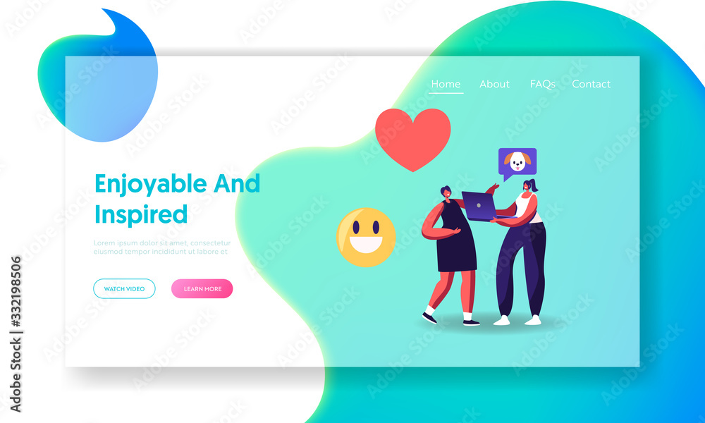 Internet Entertainment, Online Viral Content Landing Page Template. Girl Friend Characters Watching Funny Video on Laptop with Smile Emoji and Heart Icons around. Cartoon People Vector Illustration Internet Entertainment, Online Viral Content Landing Page Template. Girl Friend Characters Watching Funny Video on Laptop with Smile Emoji and Heart Icons around. Cartoon People Vector Illustration