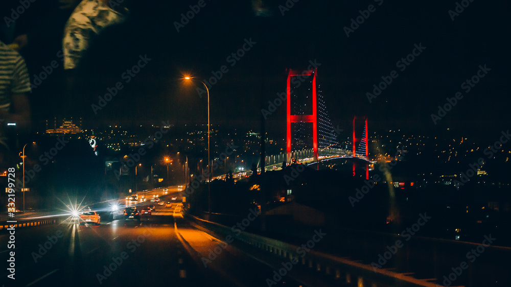First-person inside view of Bosphorus Bridge connecting Europe and Asia